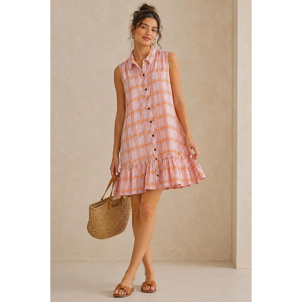 Maeve for Anthropologie Flounced Pink Plaid Ruffle Hem Mini Dress Size S Preppy